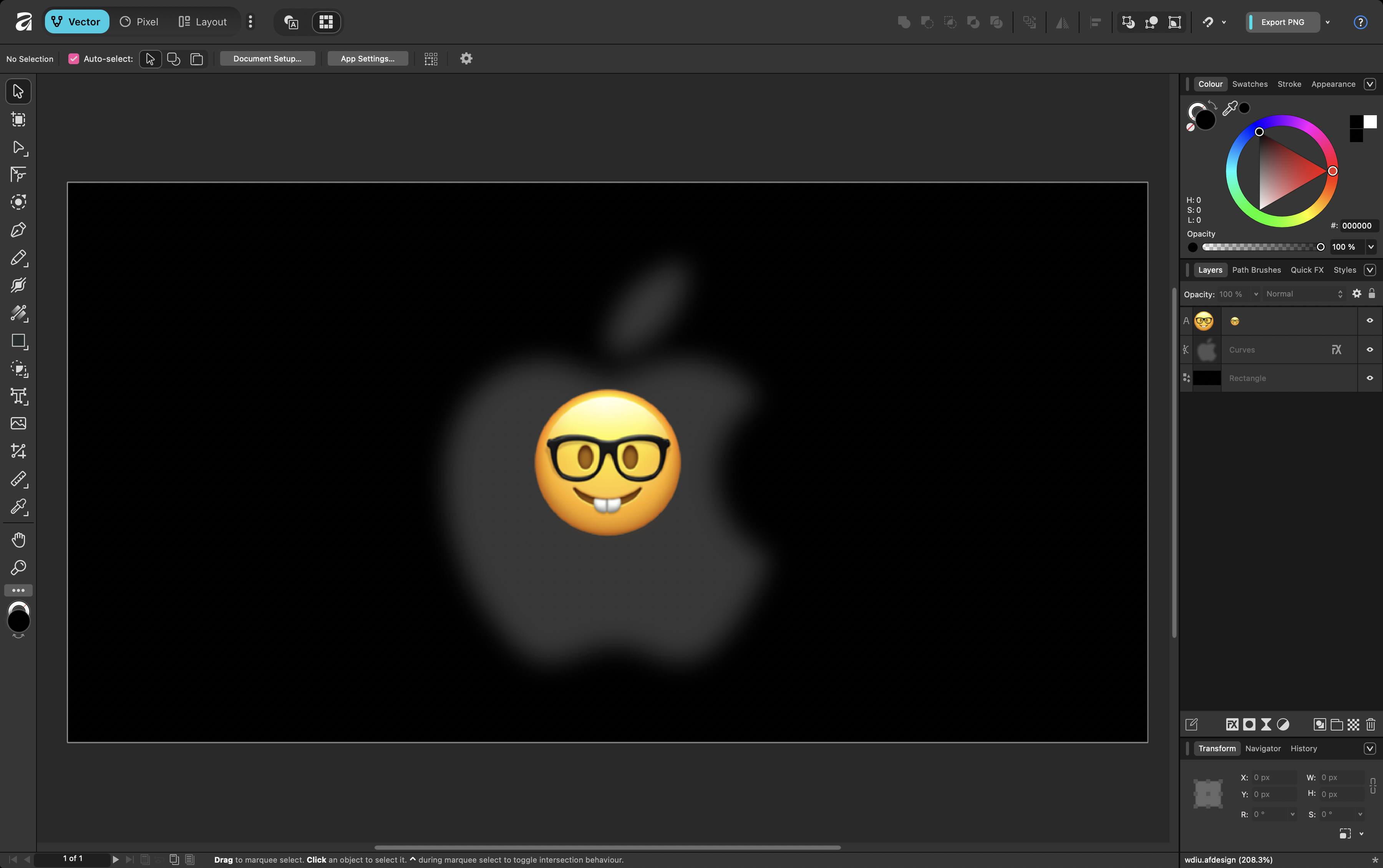 A screenshot of Affinity in Vector mode. There's a toolbar on top for switching personas and other options, a sidebar for tools on the left and another on the right with a colour picker and the document's layers. The file being edited is the cover of this post, a buck teeth nerd emoji with glasses sitting on top of a blurry Apple logo with a black background.